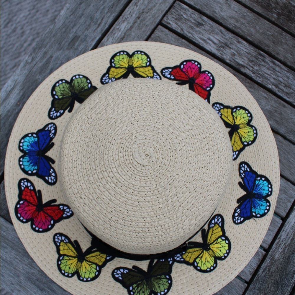 Tan and Red Butterfly Embroidered Sun Hat